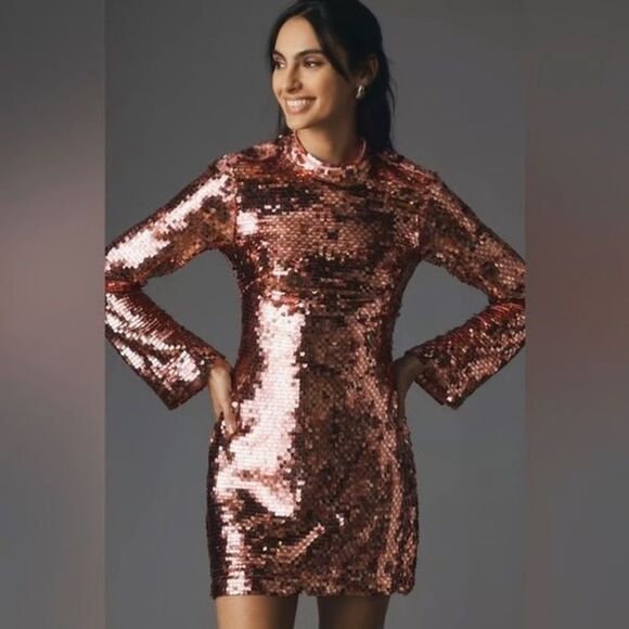 Maeve Long -sleeve Mock-Neck Sequin Mini Dress - Picture 1 of 9
